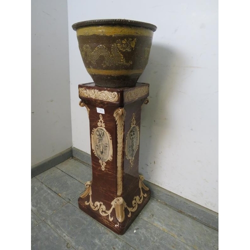 843 - A vintage ceramic plant stand, with relief acanthus leaf decoration and panels depicting Grecian mai... 