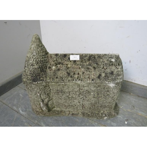 844 - A weathered reconstituted stone garden ornament modelled as a traditional oast house. 
H40cm W46cm D... 