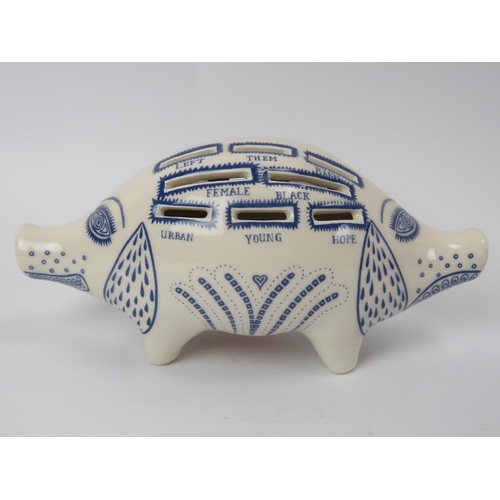 112 - A Sir Grayson Perry RA (British, born 1960) - A blue and white ceramic ‘Piggy Bank’, circa 2021. Rub... 