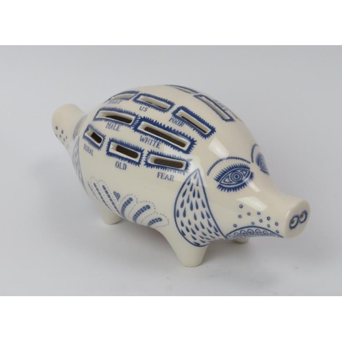 112 - A Sir Grayson Perry RA (British, born 1960) - A blue and white ceramic ‘Piggy Bank’, circa 2021. Rub... 