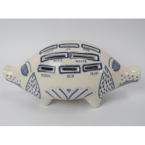 112 - A Sir Grayson Perry RA (British, born 1960) - A blue and white ceramic ‘Piggy Bank’, circa 2021. Rub... 