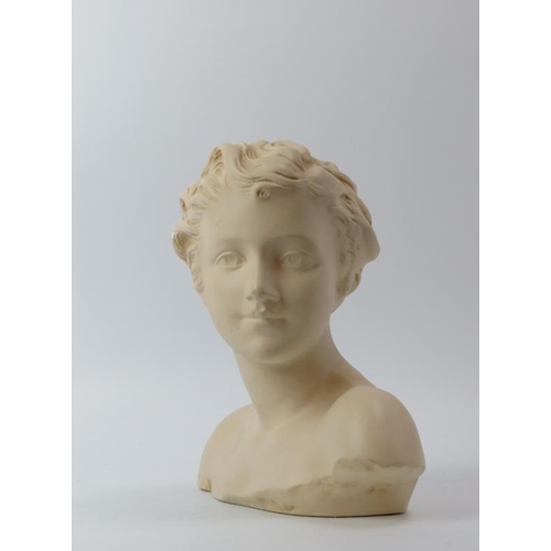 116 - An Art Deco style plaster bust of a young woman, mid 20th century. 25 cm height. 
Condition report: ... 