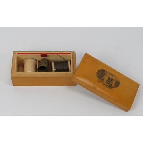 122 - Three Mauchline ware sewing boxes and a cotton reel bobbin holder, 19th century. The boxes with pict... 