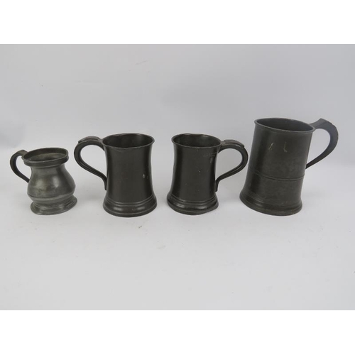 145 - A quantity of antique pewter including 10 plates, four measures and an engraved tobacco jar.  Plates... 