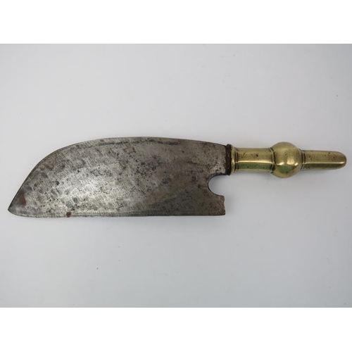 146 - Kitchenalia: An antique brass handled chopping board knife with steel blade, probably 18th century. ... 