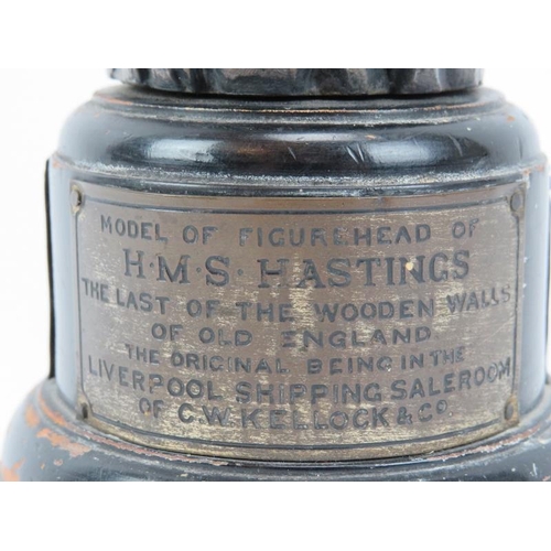 154 - A rare cast pewter model of the figurehead from HMS Hastings depicting Warren Hastings. Mounted on a... 