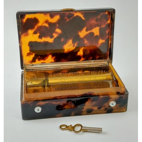 166 - A rare Swiss miniature tortoiseshell musical snuff box, 19th century. With a horn dust cover display... 