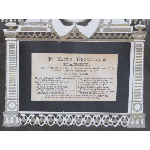 186 - A Victorian and WWI embossed memorial mourning card. With silver gilt decoration. Framed/glazed. (2 ... 