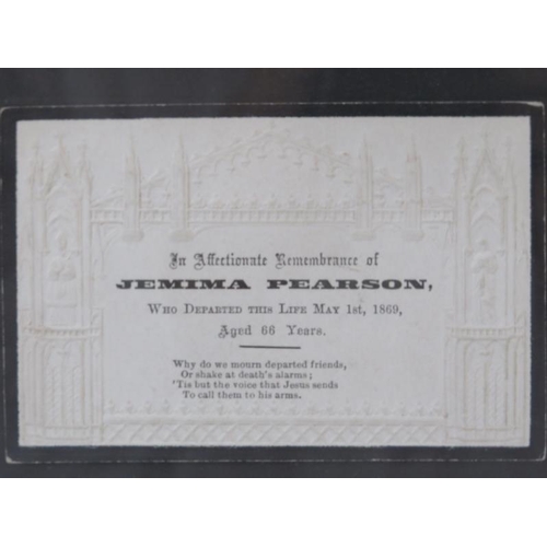 187 - Five Victorian embossed memorial mourning cards. Framed/glazed. (4 framed items) Largest frame: 32 c... 