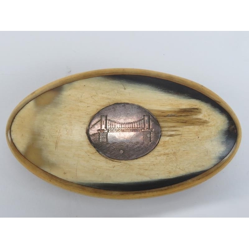 193 - A late Georgian carved horn snuff box. Of elliptical form, the cover mounted with a white metal plaq... 