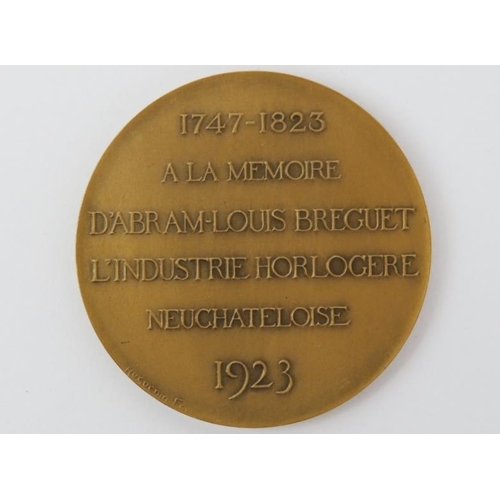 196 - A rare bronze Abraham-Louis Breguet commemorative centenary medallion. Obverse depicts Breguet in pr... 