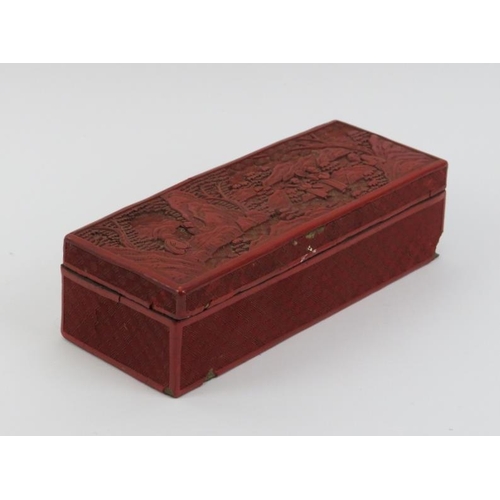 2 - A Chinese cinnabar lacquered box, 19th century. With a hinged cover decorated depicting sages and sc... 