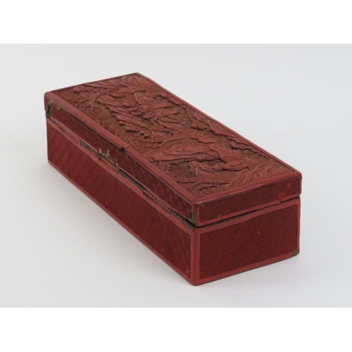 2 - A Chinese cinnabar lacquered box, 19th century. With a hinged cover decorated depicting sages and sc... 