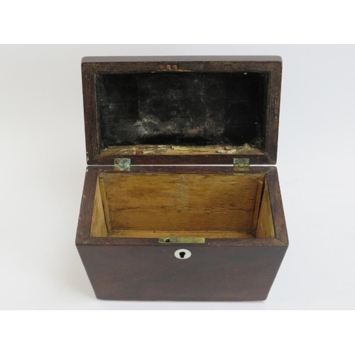 236 - A rosewood tea chest, 19th century. Of sarcophagus form with a mother of pearl escutcheon. 20.2 cm l... 