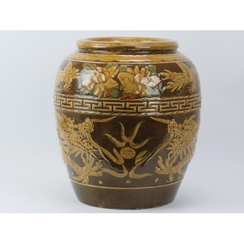 245 - A large Chinese brown and ochre slipware glazed martaban vase, 20th century. Of ovoid form, decorate... 