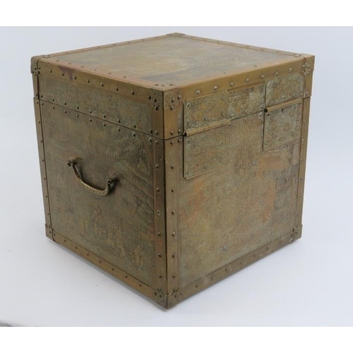 246 - A Japanese brass twin handled storage box, early 20th century. Brass exterior decorated with Japanes... 