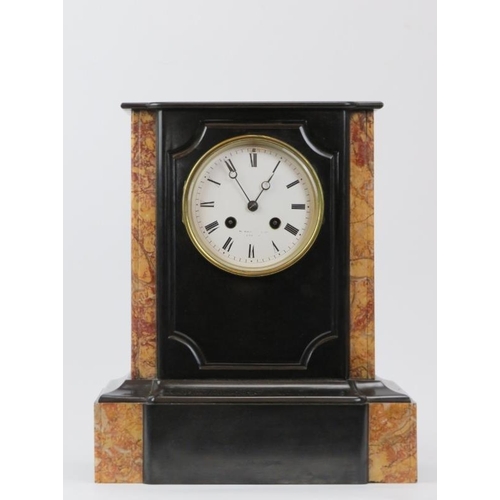 250 - A Victorian slate and marble mantel clock. With white enamelled dial and Roman numerals. French move... 