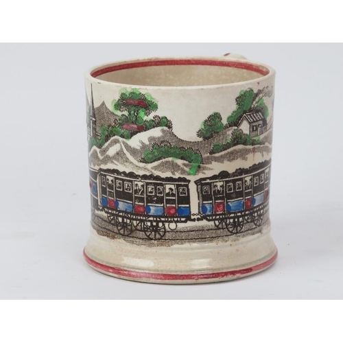 254 - A rare Staffordshire pottery steam train mug, mid 19th century. With hand coloured print depicting a... 