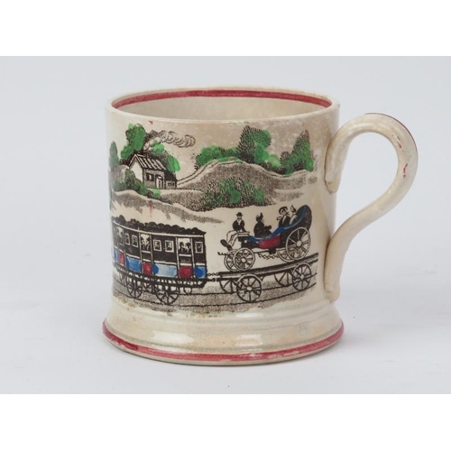 254 - A rare Staffordshire pottery steam train mug, mid 19th century. With hand coloured print depicting a... 