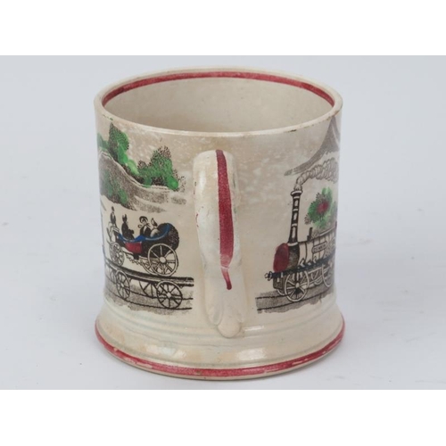 254 - A rare Staffordshire pottery steam train mug, mid 19th century. With hand coloured print depicting a... 