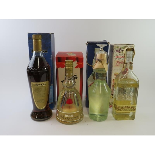 294 - 4 bottles of mixed spirits to include: 1 litre of Metaxa 7 star Amphora, boxed; 1 musical bottle of ... 