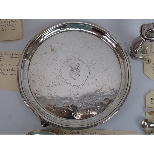 299 - British military regimental silver plated sauce boat, tray, mustard pot and flatware. Regiments incl... 