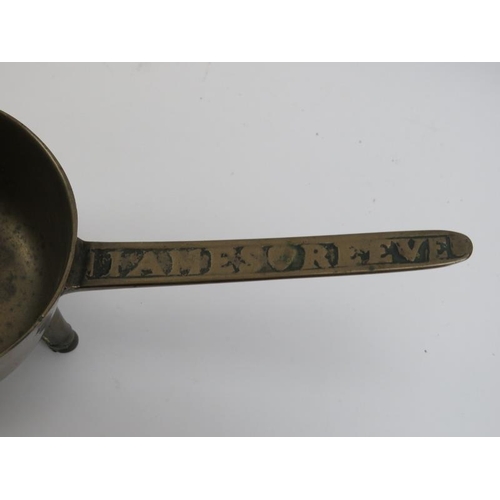 31 - Three antique bronze skillets, 18th/19th century. One inscribed ‘James Reeve’ to the handle. 42 cm l... 