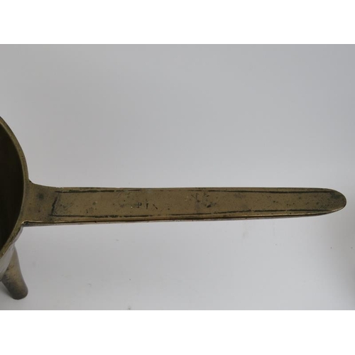 31 - Three antique bronze skillets, 18th/19th century. One inscribed ‘James Reeve’ to the handle. 42 cm l... 