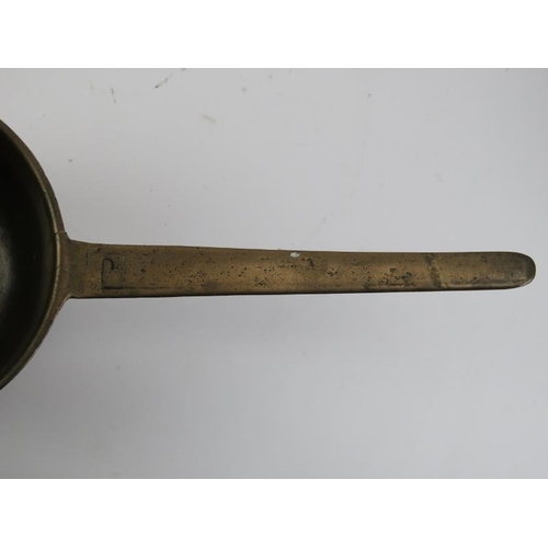 31 - Three antique bronze skillets, 18th/19th century. One inscribed ‘James Reeve’ to the handle. 42 cm l... 