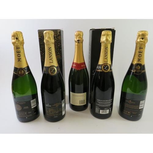 336 - Five bottles of Champagne to include 2 x Lanson Black Label NV, 1 x Bollinger Special Cuvee NV, 2 x ... 