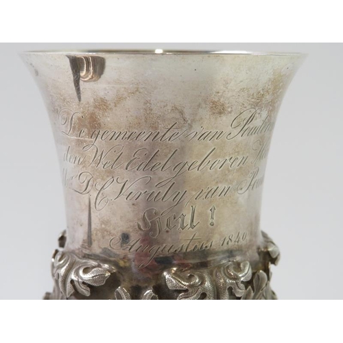 355 - A 19th century Dutch silver covered goblet of campana form with acanthus leaf decoration. The lid mo... 