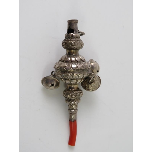 375 - A 19th century silver and coral baby's rattle, hallmarked for Birmingham 1854, maker George Unite, a... 