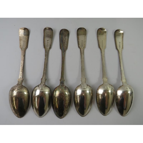 379 - A set of six George IV Scottish silver fiddle pattern table spoons. Hallmarked for Edinburgh 1827/8,... 