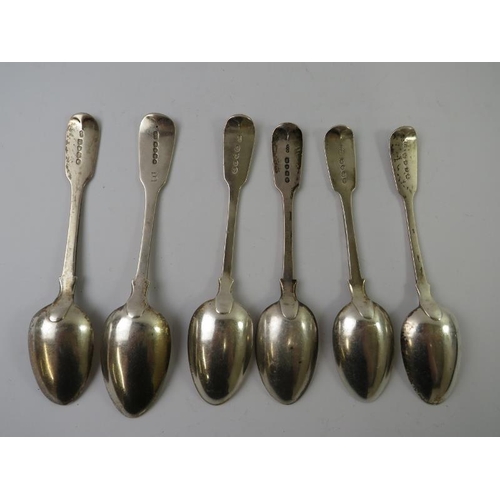 381 - 6 19th century silver fiddle pattern dessert spoons, various hallmarks and makers. Length 18cm. (5) ... 