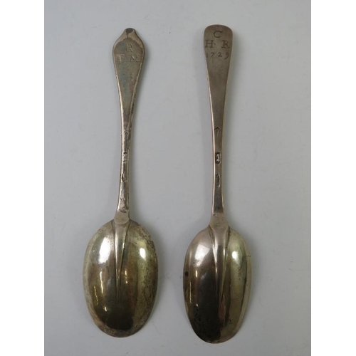 382 - An early 18th century silver dog nose rat tail spoon with indistinct marks and a George I Britannia ... 