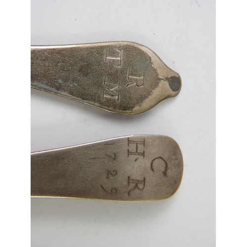 382 - An early 18th century silver dog nose rat tail spoon with indistinct marks and a George I Britannia ... 