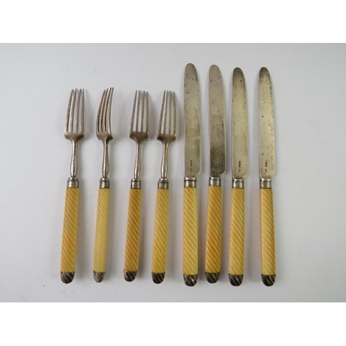 385 - A set of 8 Georgian desert knives and forks with moulded handles. Mixed hallmarks. (8) Gross weight ... 