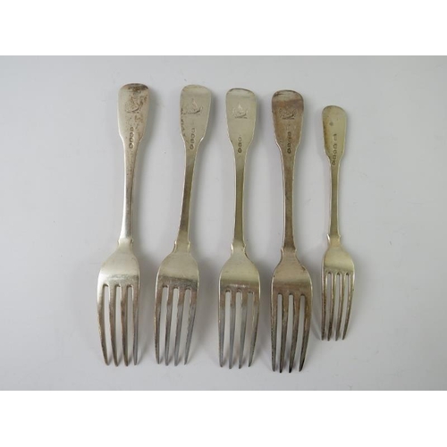 394 - Four silver 19th century fiddle pattern table forks and a similar dessert fork. Mixed hallmarks and ... 