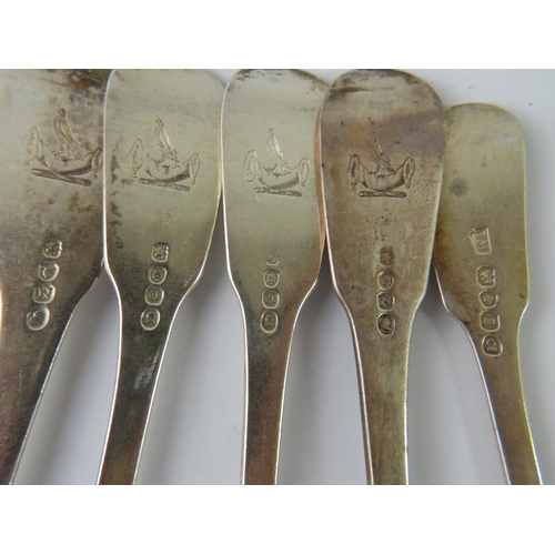 394 - Four silver 19th century fiddle pattern table forks and a similar dessert fork. Mixed hallmarks and ... 