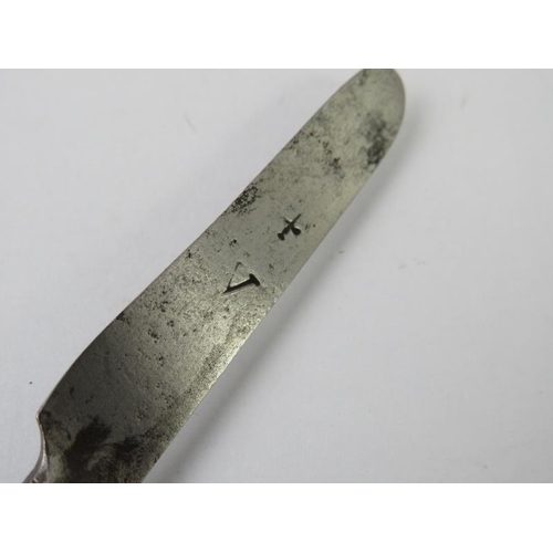 396 - An early white metal knife, possibly 16th/17th century, with stamped steel blade and intricately eng... 