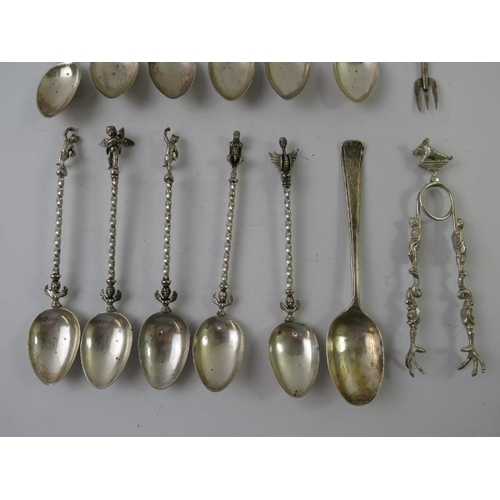 401 - A set of 11 Italian silver Firenze souvenir spoons marked .800, a similar unmarked pair of sugar ton... 