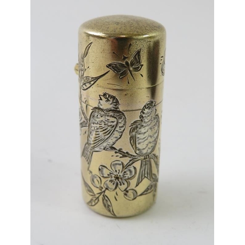 410 - A silver gilt Sampson Mordan perfume bottle with engraved bird decoration in fitted leather case, ha... 