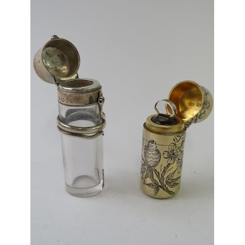 410 - A silver gilt Sampson Mordan perfume bottle with engraved bird decoration in fitted leather case, ha... 