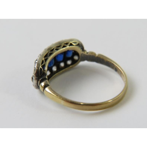 456 - An antique 18ct gold sapphire and diamond boat shaped cluster dress ring, the five graduated oval fa... 