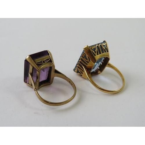 460 - A precious yellow metal and amethyst dress ring stamped 9c, finger size Q 1/2; and a large blue synt... 