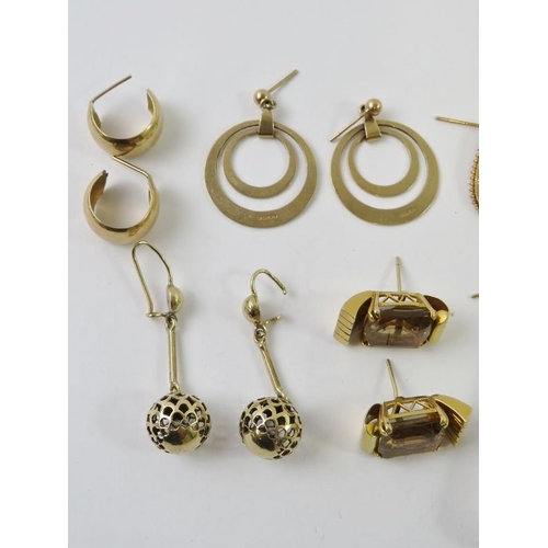 463 - Eight pairs of yellow metal earrings to include quartz and cameos, most testing or hallmarked as 9ct... 