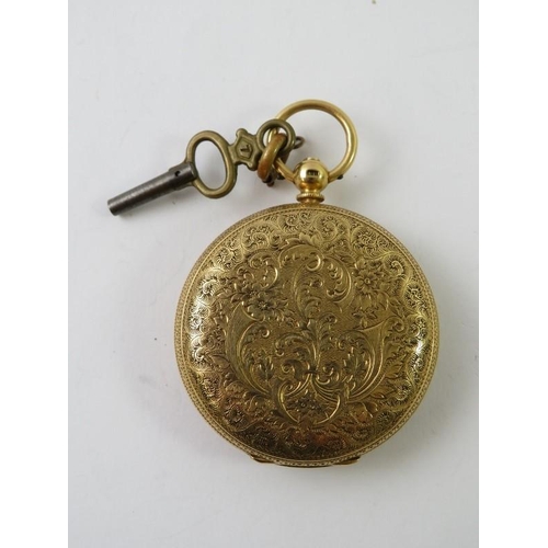 465 - An 18ct gold open faced pocket watch, the gilt floral engraved dial with black Roman numerals, blued... 