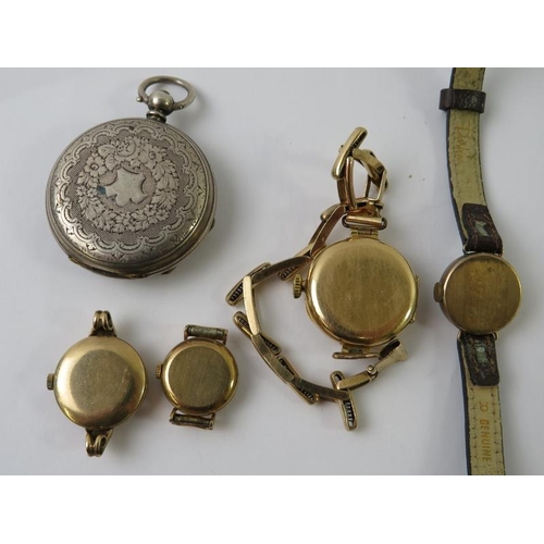 473 - A 15ct gold cased wristwatch and other part watches to include a silver open faced pocket watch, 96g... 