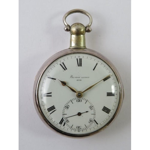 493 - BARWISE: A George III silver hunter keywind duplex pocket watch, signed Barwise, London, 4958, fusee... 