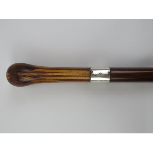 5 - An antique marquetry inlaid walking cane with silver collar. With a marquetry inlaid handle, silver ... 